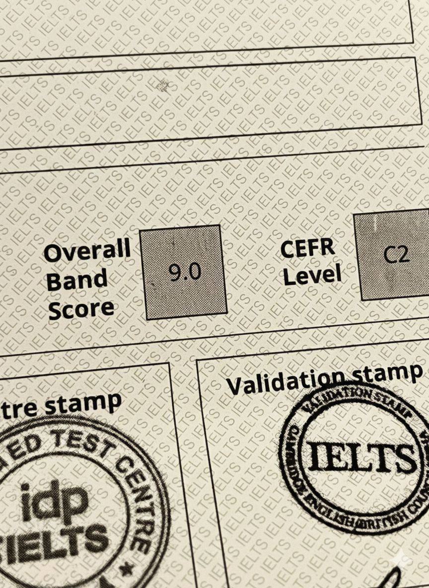 Real IELTS Test Report Form showing an Overall Band Score of 9.0
